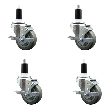 Service Caster 3.5'' Gray Poly Swivel 1-3/8'' Expanding Stem Caster Set with Brake, 4PK SCC-EX20S3514-PPUB-TLB-138-4